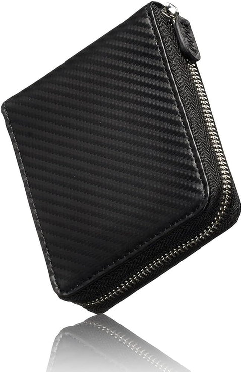VOICE Men's Bi-Fold Wallet - Genuine Carbon Leather, Slim & Minimalist, Zip Coin Pocket Folded Wallet, Japan Style, Gift-Boxed (Black/Brown)