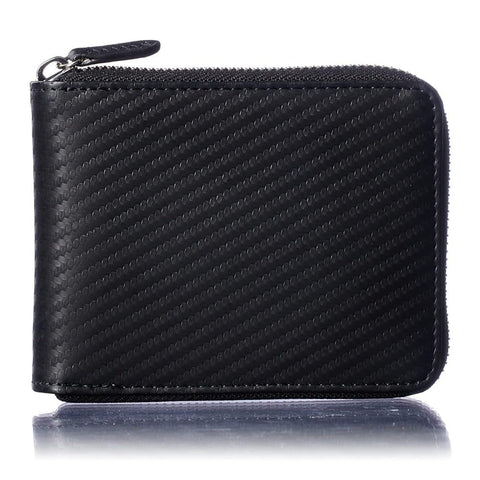VOICE Men's Bi-Fold Wallet - Genuine Carbon Leather, Slim & Minimalist, Zip Coin Pocket Folded Wallet, Japan Style, Gift-Boxed (Black/Brown)